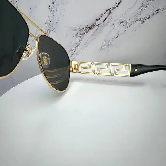 New VERSACE Sunglasses Gold Aviator Pilot Metal Greca Logo Black